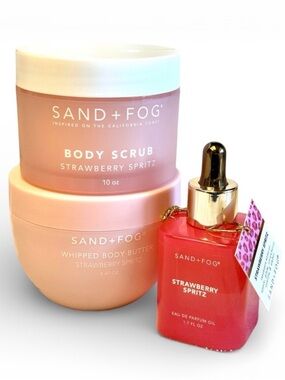 SAND + FOG Strawberry Spritz Body Scrub, Body Butter, & Fragrance Oil Set NEW 3p